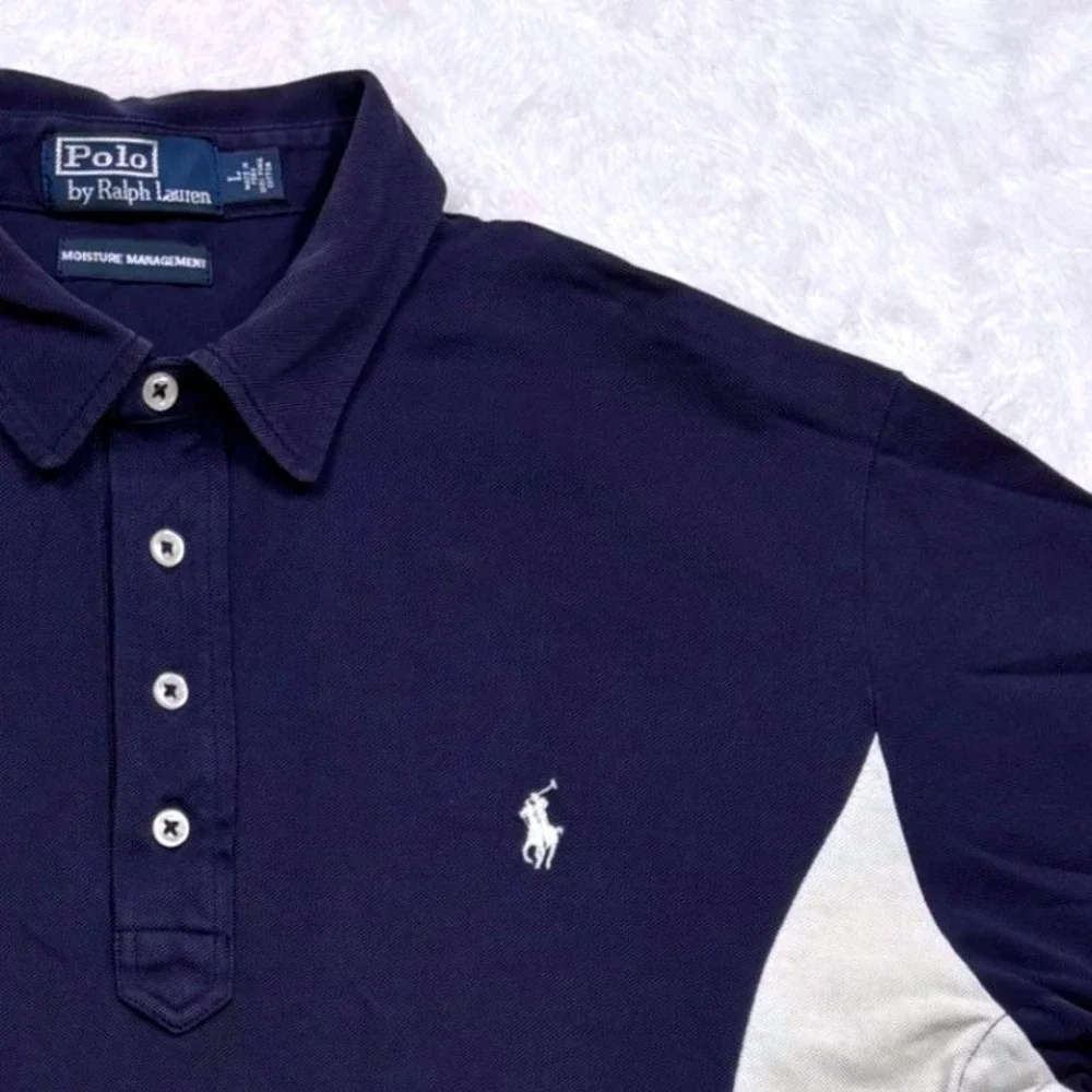 Polo Ralph Lauren Polo Shirt Mens L Navy Blue White Colorblock Wicking Vented